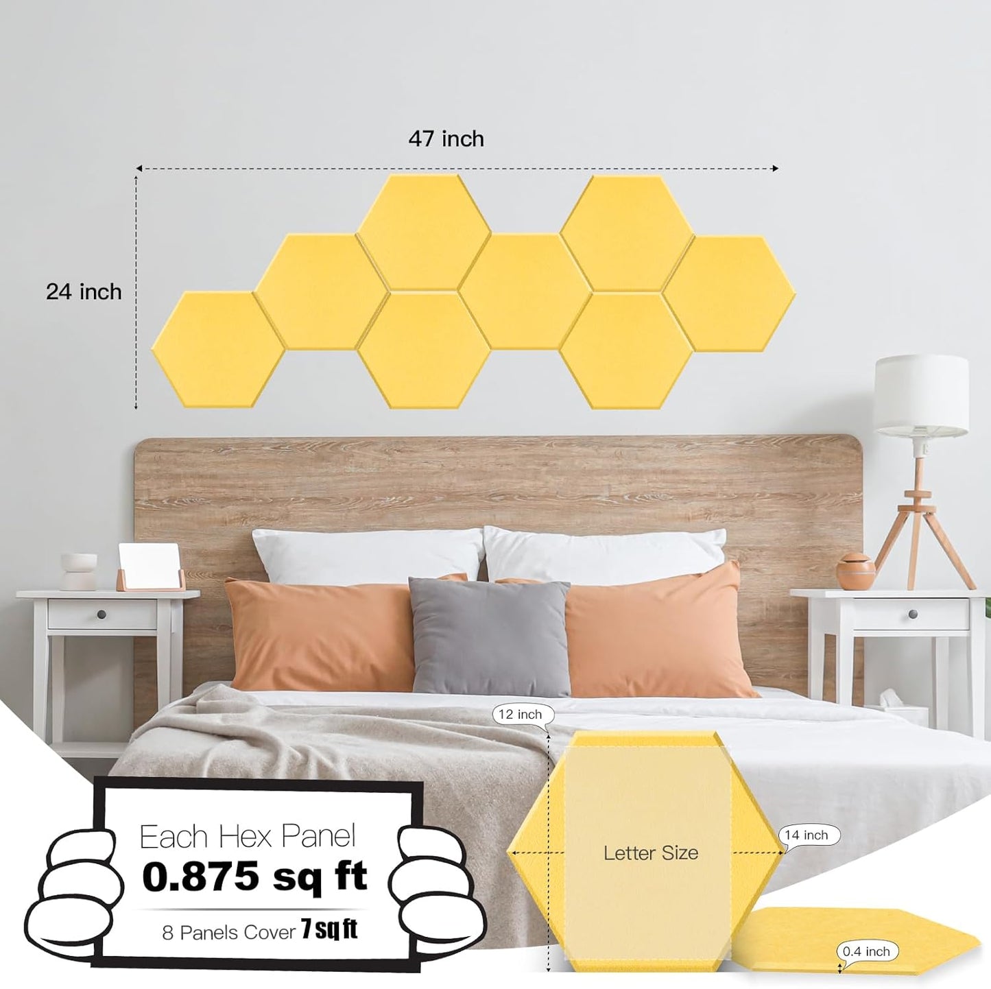 Mollywell Hexagon Acoustic Panels, High Density, Soundproofing, Decorative Noise Reduction Felt Wall Tiles for Ceilings, Home Office & Gaming Room (Yellow), 14x12x0.4 Inch