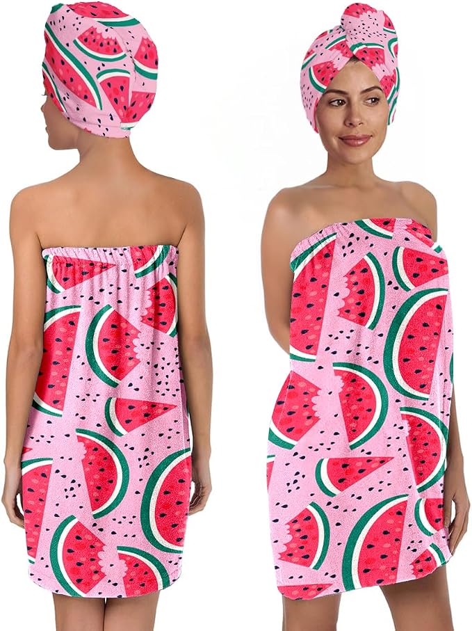 Watermelon Print Bath Wrap and Hair Drying Towel Set – Microfiber Quick Dry by QIULIBMH