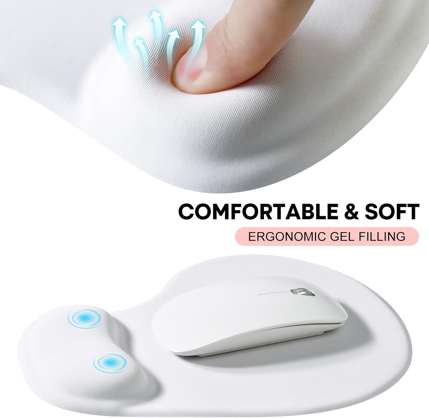 JIKIOU Mouse Pad, 2 Pack Ergonomic Mouse Pads with Comfortable Gel Wrist Rest Support and Smooth Cloth, Non-Slip PU Base for Easy Typing Pain Relief Durable and Easy to Clean Small White