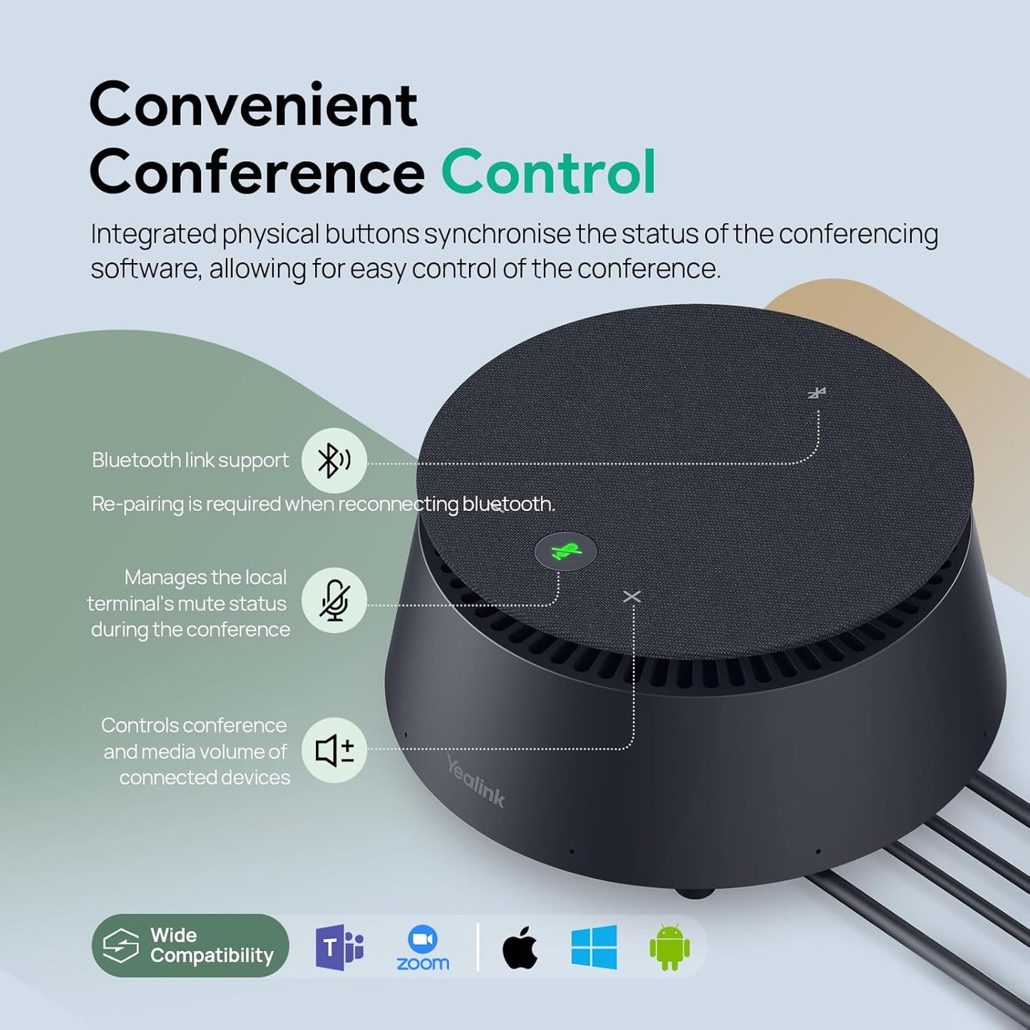 Yealink CP50 Conference Call Speaker and Microphone with Ai Noise Cancellation, Speakerphone for Teams Room, 8 360° Omnidirectional Mics, Bluetooth, USB-C, Daisy Chain, 19.69ft Pickup Telephon