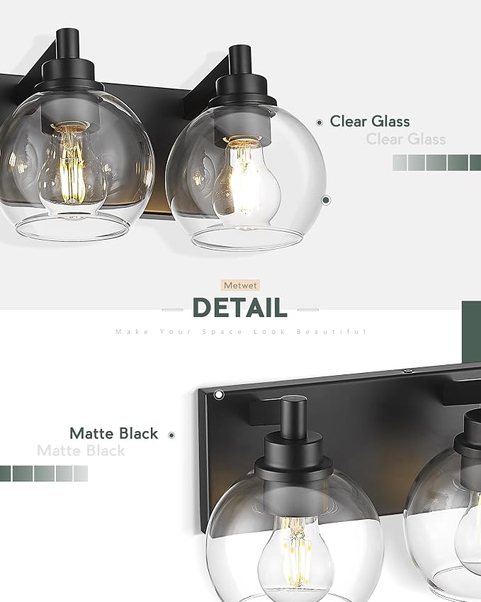 Bathroom Light Fixtures, 2 Light Matte Black Vanity Light, Modern Wall Sconces - Image 3