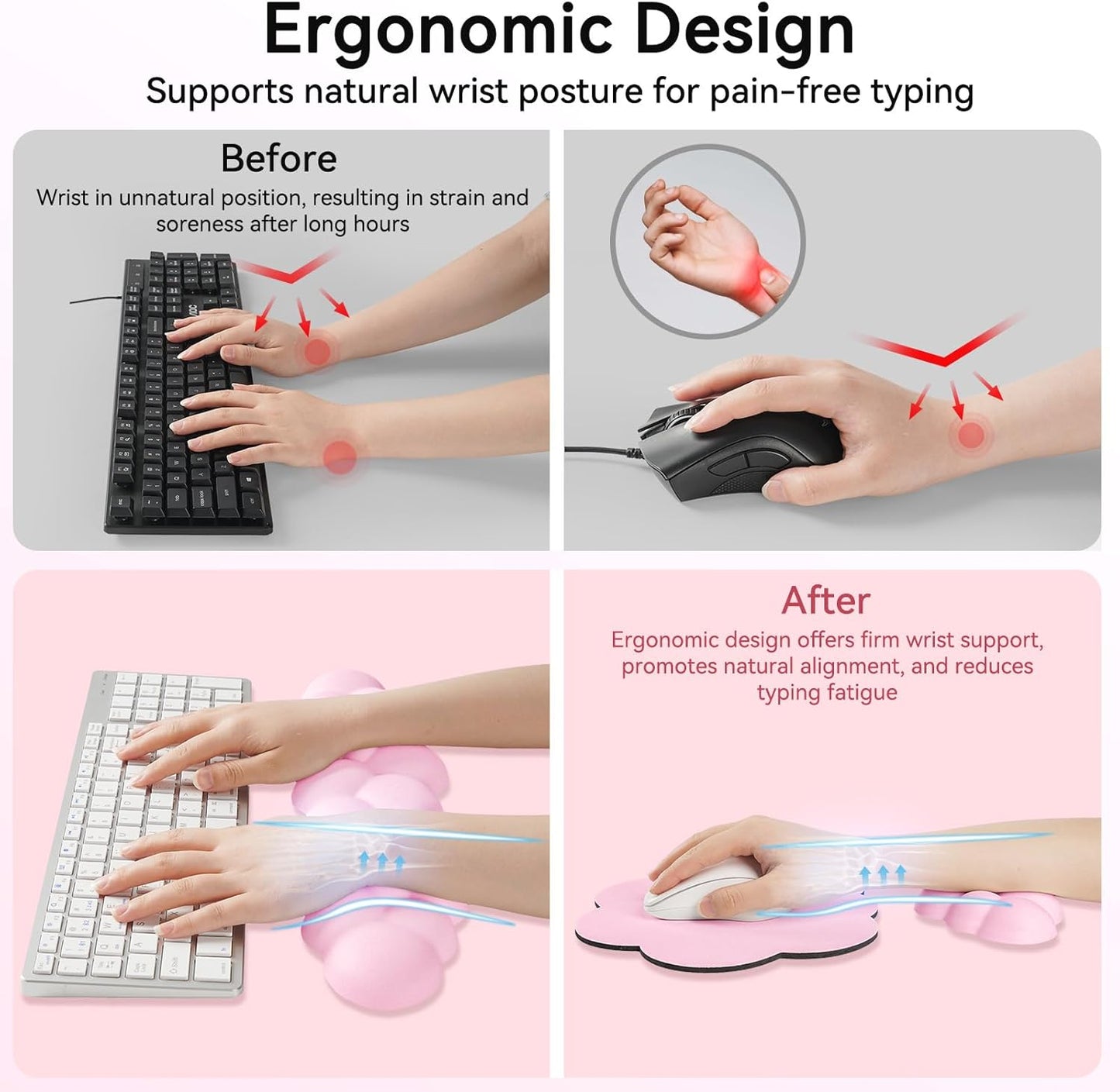 Cloud Wrist Rest for Computer Keyboard, 4-in-1 Memory Foam Leather Cloud Keyboard Wrist Rest and Mouse Pad Set with Ergonomic Support for Arm and Palm Cushion, Gaming/Work Setup, Pink