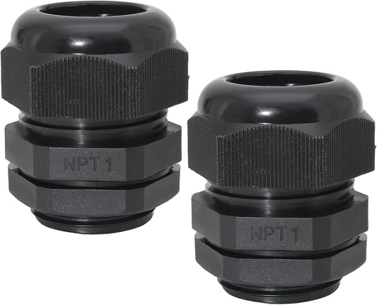 1" NPT Nylon Cable Glands, IP68 Waterproof Adjustable Cord Grip Cable Connector Strain Relief Wire Protectors for 18-25mm Cable Diameter, 2 Pcs, Black