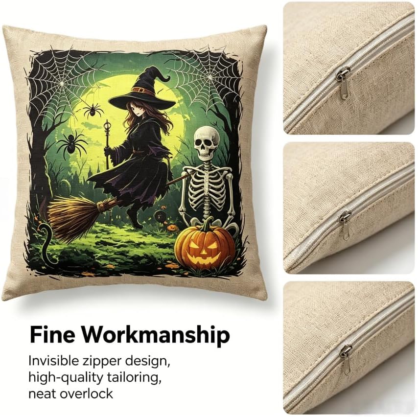Halloween Throw Pillow Covers, Witch and Skeleton Design, 18x18 Inch, Machine - Image 5