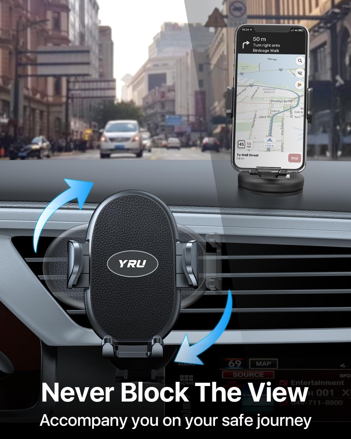 YRU Car Phone Holder [2025 Upgraded Metal Hook Clip], Phone Holders for Your Car [No Fear of Bumps] Air Vent Cellphone Mount Widely Compatible with iPhone16 15 14 13 12 Samsung Android, Black