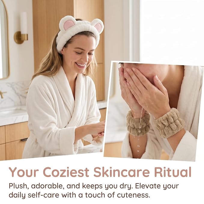 Bear Ears Headband, Cute Spa Headband and Wristband Set Washing Face Skincare - Image 2