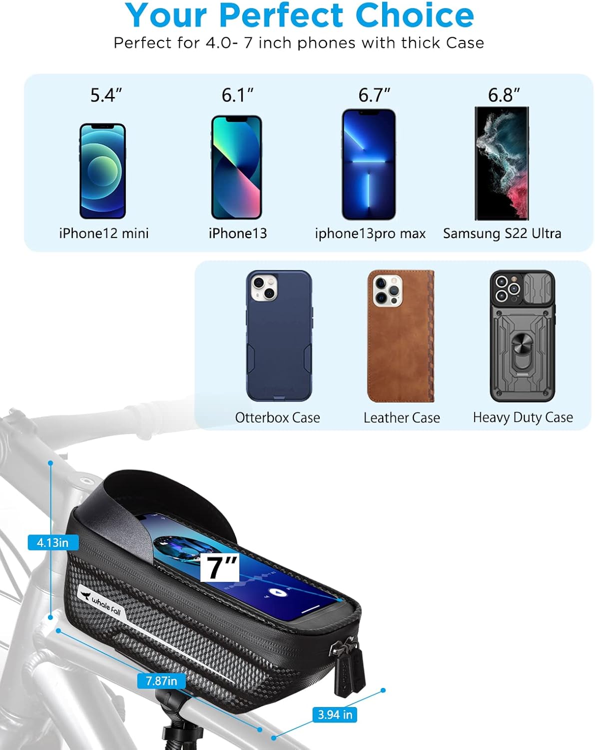 whale fall Quick Release Bike Frame Bag with Hard Shell, Waterproof Phone Mount with 0.25mm Touchscreen, Detachable Cycling Bag for Phones up to 6.9", Fits Road & Mountain Bikes