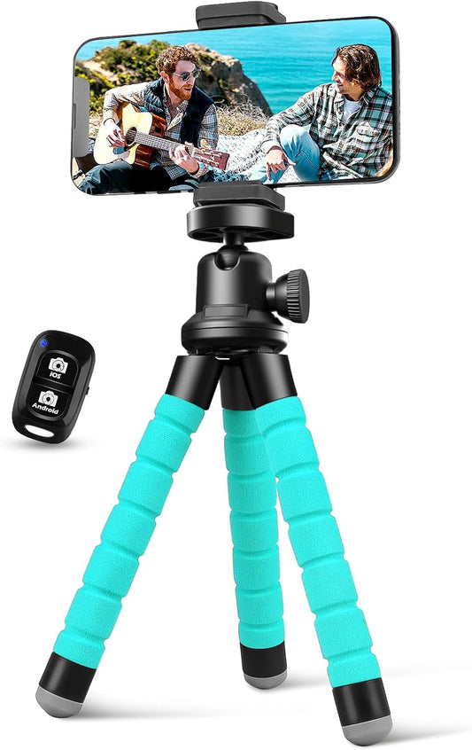 Aureday Phone Tripod, Flexible Tripod for iPhone and Android, Portable with Wireless Remote and Clip for Video Recording/Vlogging/Selfie (Blue)