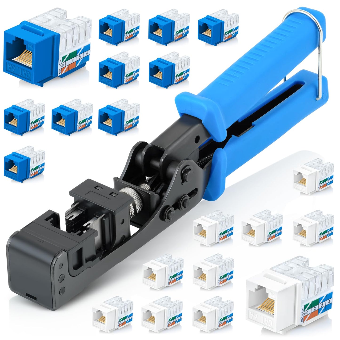Everest easyJACK - 90° Angled Speed Termination Keystone Tool Set - with 20-Pack of RJ45 Slim Profile Cat6A Keystone Jacks (10 Blue & 10 White) - Time Saver Network Cat6 Punchdown Tool
