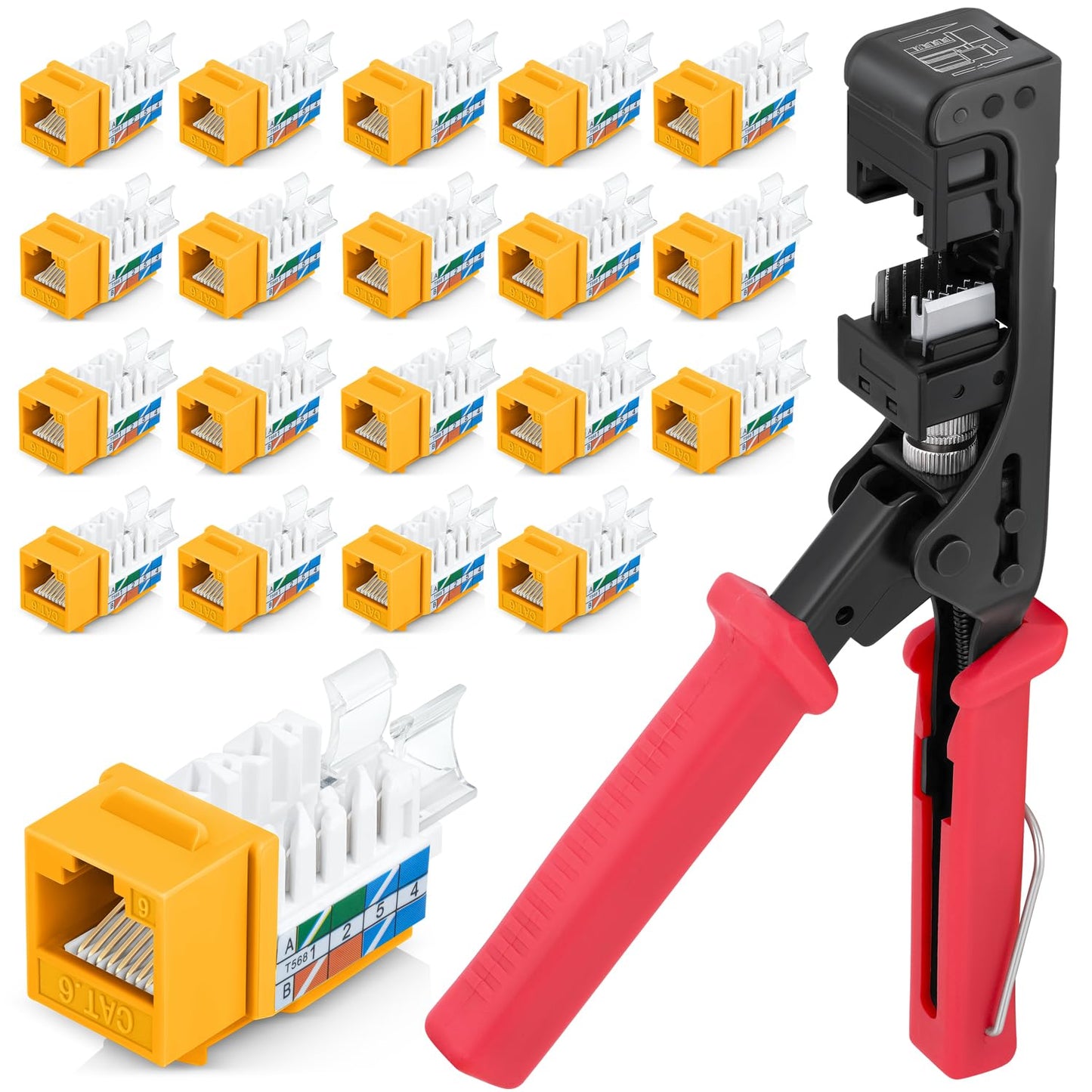 Everest easyJACK - 45° Angled Speed Termination Keystone Tool Set - with 20-Pack of RJ45 Cat6 Keystone Jacks in Yellow (Slim Profile Design) - Time Saver Network Punch Down Tool Cat6