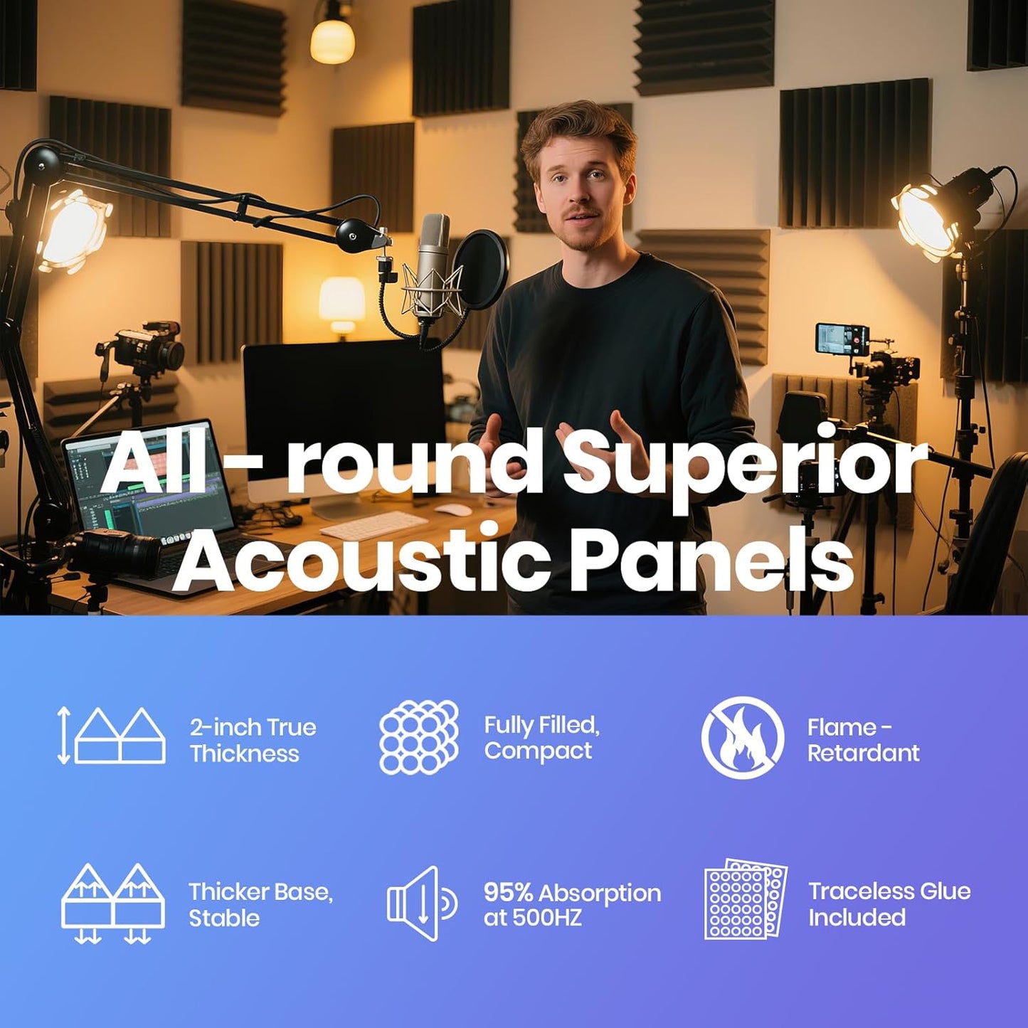 Focusound Grey Acoustic Panels 50 Pack 2"x12"x12" with 300 PCS Double-Side Adhesive - Sound Proof Pyramid Foam for Walls, Home Studio Noise Absorption & Echo Control Kit