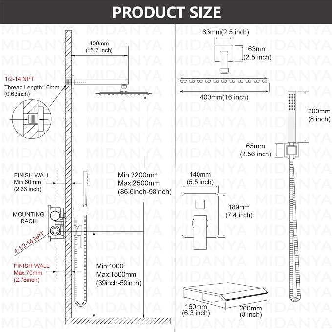 Midanya Shower System with Tub Spout, Bathtub Shower Faucet Set with Square - Image 6