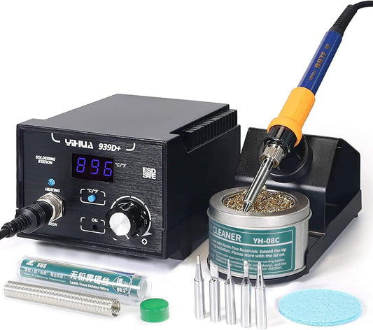 YIHUA 939D+ Digital Soldering Station, 75 Watt Equivalent with Temperature Control, °C/°F Display. ESD safe for Electronics. Aluminum Panel (Resists Burn). Solder Tips, Lead-free Solder & Extras