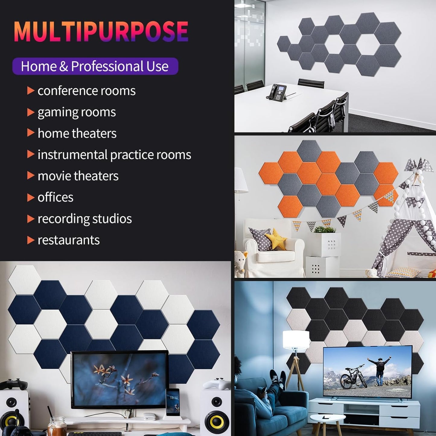 Mollywell Hexagon Acoustic Panels, High Density, Soundproofing, Decorative Noise Reduction Felt Wall Tiles for Ceilings, Home Office & Gaming Room (White), 12x10x0.4 Inch