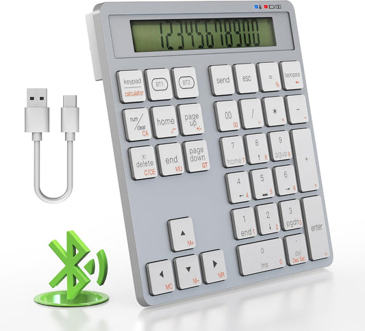 2-in-1 Wireless Number Pad & Calculator, Bluetooth 5.0 Numeric Keypad with USB-C Charging, 34-Key Portable Number Pad for Laptop, MacBook, PC, Windows, iOS & Android Devices