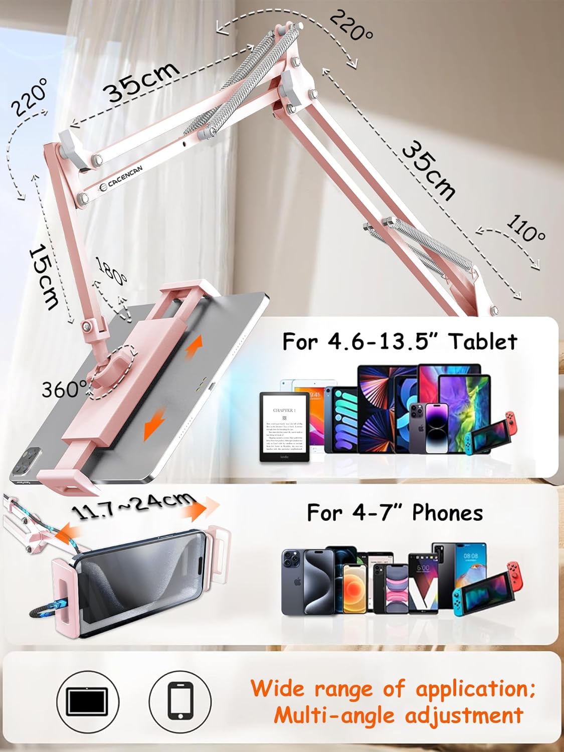 Foldable Tablet Stand, Tablet Mount Adjustable for Bed,Universal Flexible Tablet Holder with 360 Degree Rotation for iPad/iPhoneX/iPad Pro/N-Switch,or Other 4.5~13.5 Inches Devices (Pink)