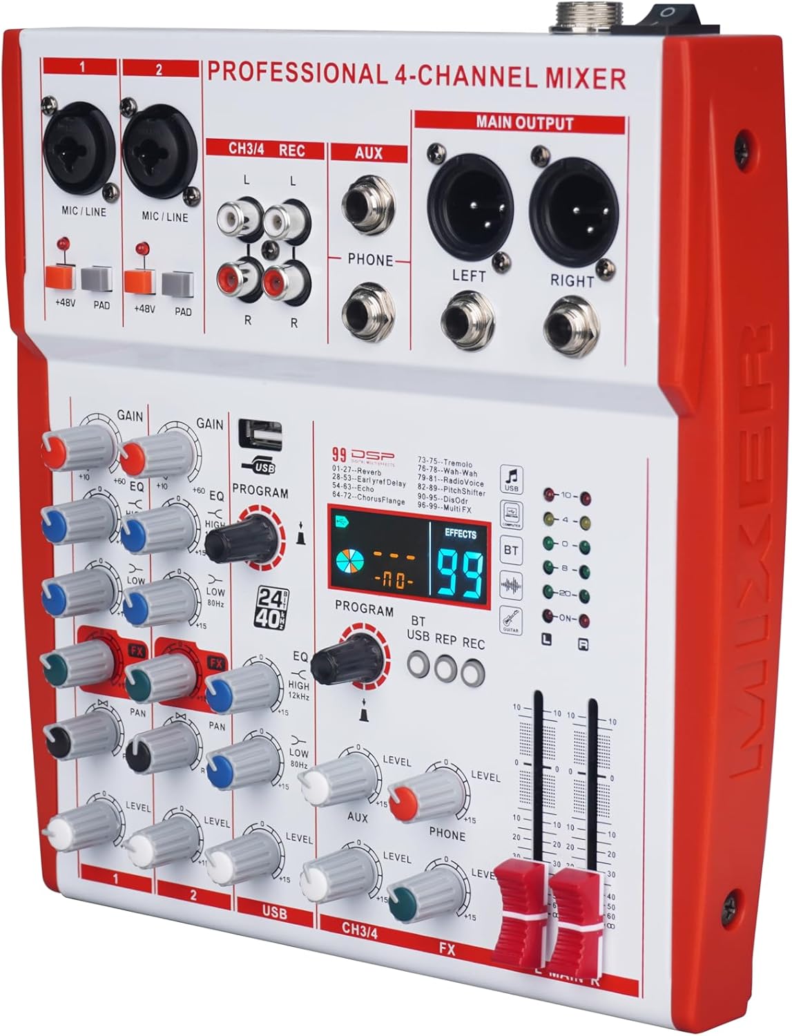 mw-4 white 4Channel Audio Mixer with 99 Sound Effects for PC,Portable Sound Mixing Console with BT USB Recording Input for Live Streaming,Podcasting