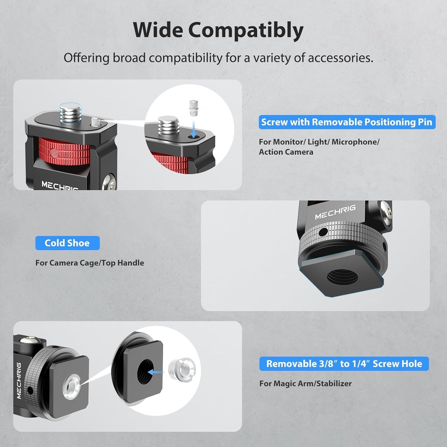 Mini Camera Monitor Mount with Cold Shoe, Aluminum Cold Shoe Mount Adapter with 1/4″ Screw for Monitor LED Light Mic, Field Monitor Holder 360° Swivel & 180° Tilt Damping (Without Knob 63143)