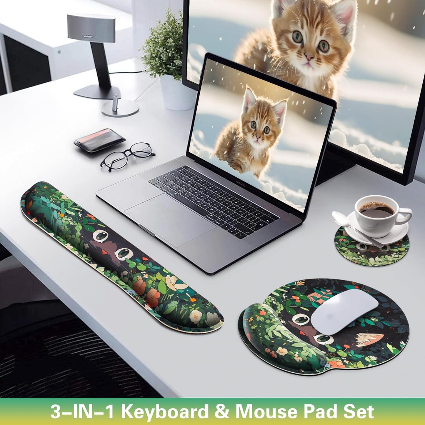 Ergonomic Keyboard Wrist Rest, Mouse Pad with Wrist Rest Anime, Cat Gaming Mousepad with Wrist Support, Memory Foam Wrist Rest Set for Computer Keyboard, Funny Cute Office Desk Accessories