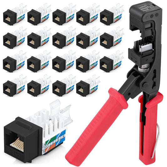 Everest easyJACK - 45° Angled Speed Termination Keystone Tool Set - with 20-Pack of RJ45 Cat6 Keystone Jacks in Black (Slim Profile Design) - Time Saver Network Punch Down Tool Cat6