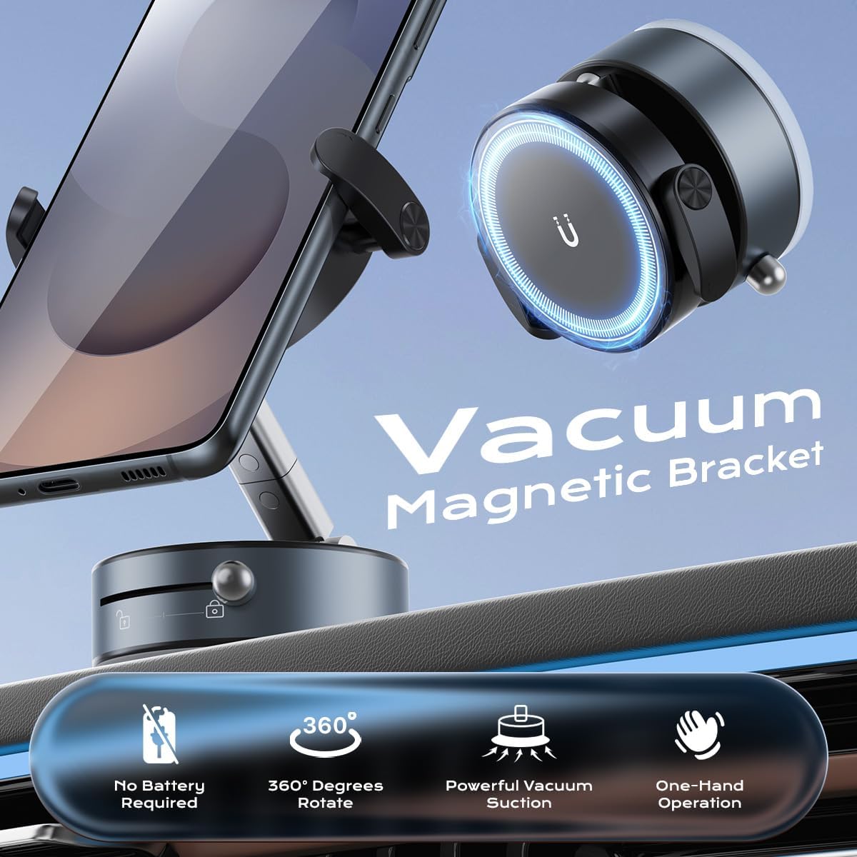 360° Rotation Clip on Car Phone Mount, 2 IN 1 Adjustable Magnetic Car Phone Holder Vacuum Suction Cup Phone Stand Foldable Cellphone Mount with Concealable Ears for All Smartphones