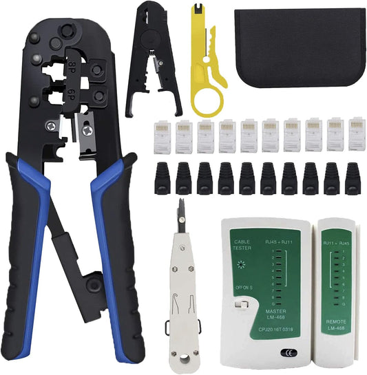 Delgada RJ45 Ethernet Network Crimping Tool Kit for Cat6 Cat5e Cat5 Crimp Tool, with 10pcs Cat5 Cat5e Connectors, 10pcs Covers, Network Cable Tester, Cutter and Stripper
