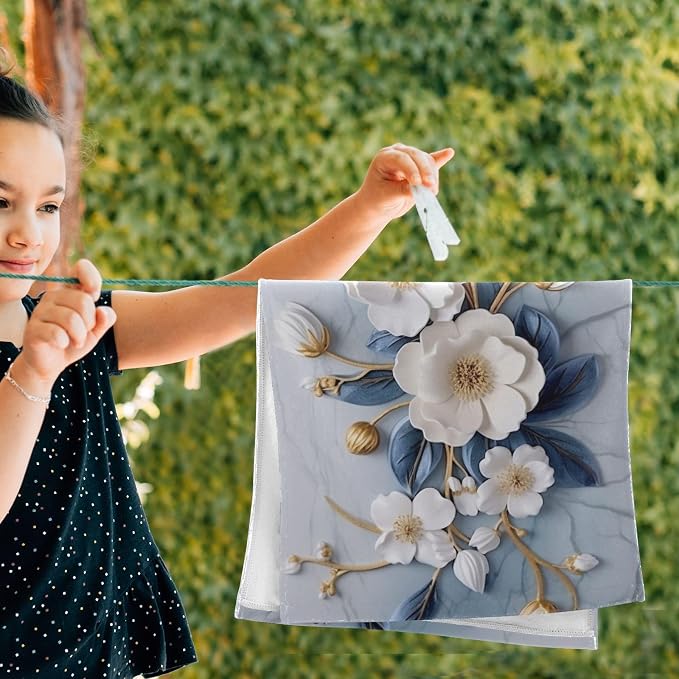Vintage 3D Floral Hand Towels for Bathroom Set of 2, Decorative White Blue - Image 4