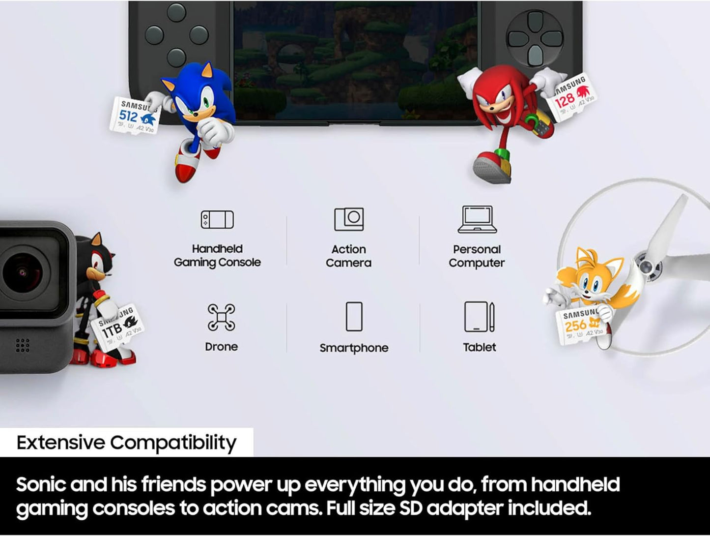 Samsung PRO Plus Sonic The Hedgehog + Adapter, 256GB microSDXC, Up-to 180MB/s, Full HD & 4K UHD, UHS-I, C10, U3, V30, A2, for Nintendo-Switch, Steam Deck, GoPRO, DJI Drone, Tablets (MB-MD256SA/LC1)