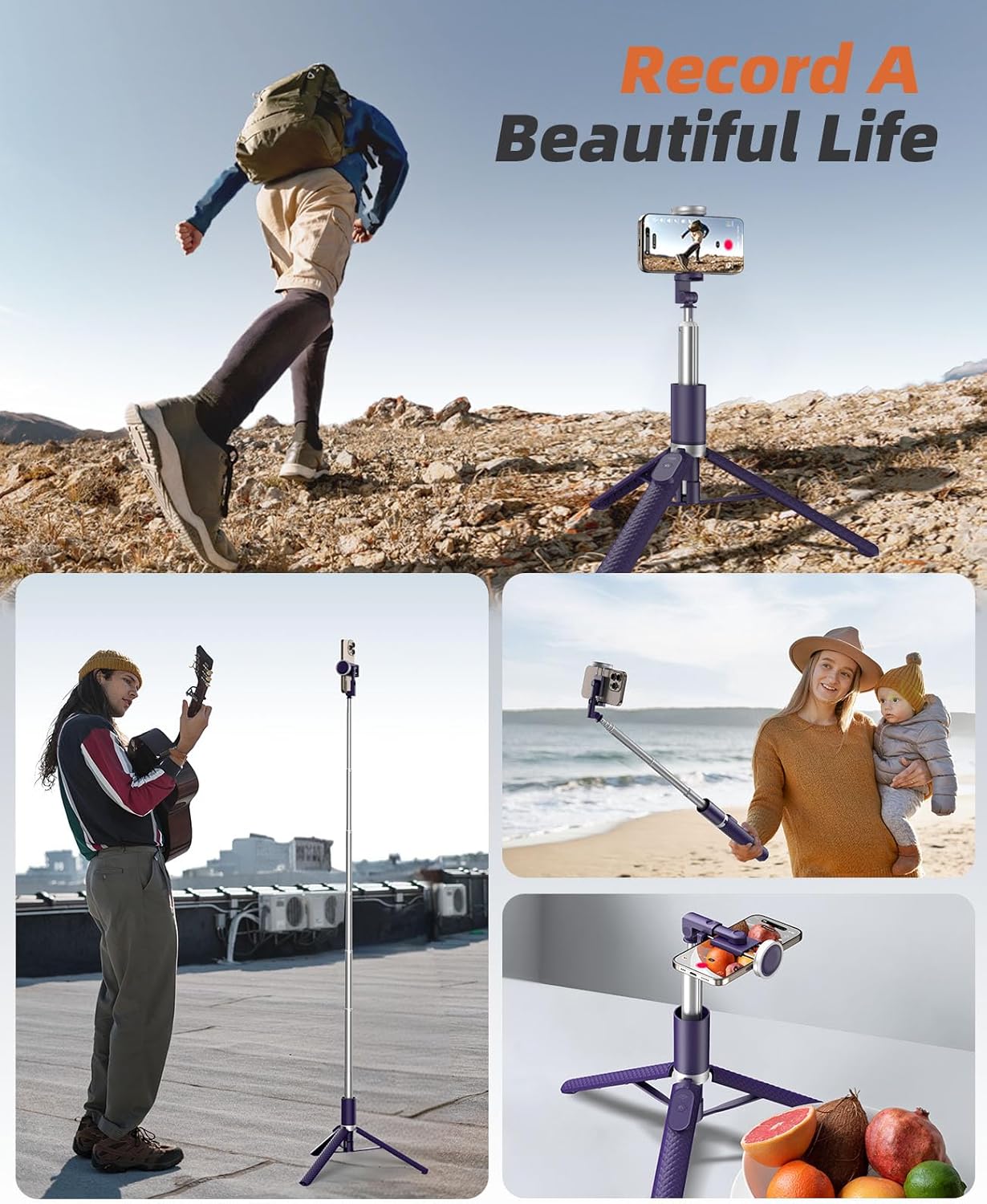 62" Phone Tripod & Selfie Stick, Tripod for iPhone with Remote, All-in-1 Cell Phone Stand, Portable, Extendable Stand for Selfies Video Recording Vlog, Compatible with iPhone Android (Purple)
