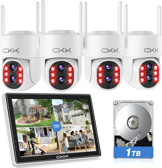 【Dual Wi-Fi,2MP+2MP Dual Lens】 2K Security Camera System with Dual Lens Outdoor, with 10" LCD Monitor, 4 Pcs Dual Band WiFi PTZ Cameras, Two-Way Audio, AI Motion Detection, Color Night Vision,1TB HDD