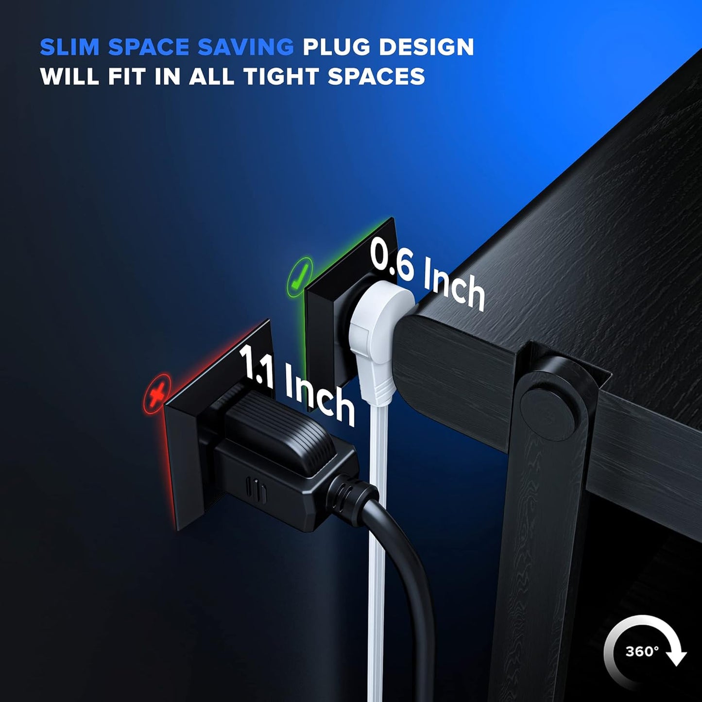 Maximm Cable 2 Ft 360° Rotating Flat Plug Extension Cord, 16/3 AWG Multi 3 Outlet 3-Prong Grounded Wire- White - UL Certified