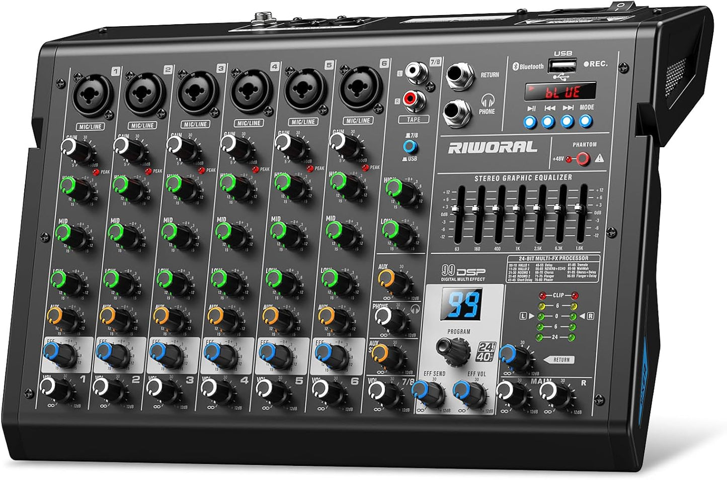 8 Channel Audio Interface DJ Mixing Sound Board 16 DSP Digital Effects With 40khz/24bit Bluetooth USB Rac Interface As Mp3 Player Audio Mixer For Karaoke Streaming Recording