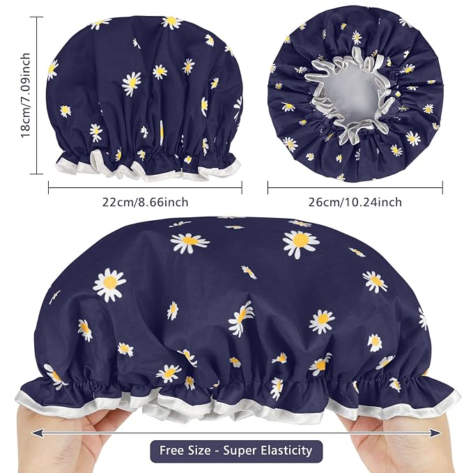 Waterproof Shower Caps for Women, Pattern And Solid Color Dual-Layer Design For - Image 3