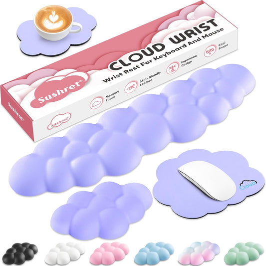 Cloud Wrist Rest for Computer Keyboard, 4-in-1 Memory Foam Leather Cloud Keyboard Wrist Rest and Mouse Pad Set with Ergonomic Support for Arm and Palm Cushion, Gaming/Work Setup, Purple