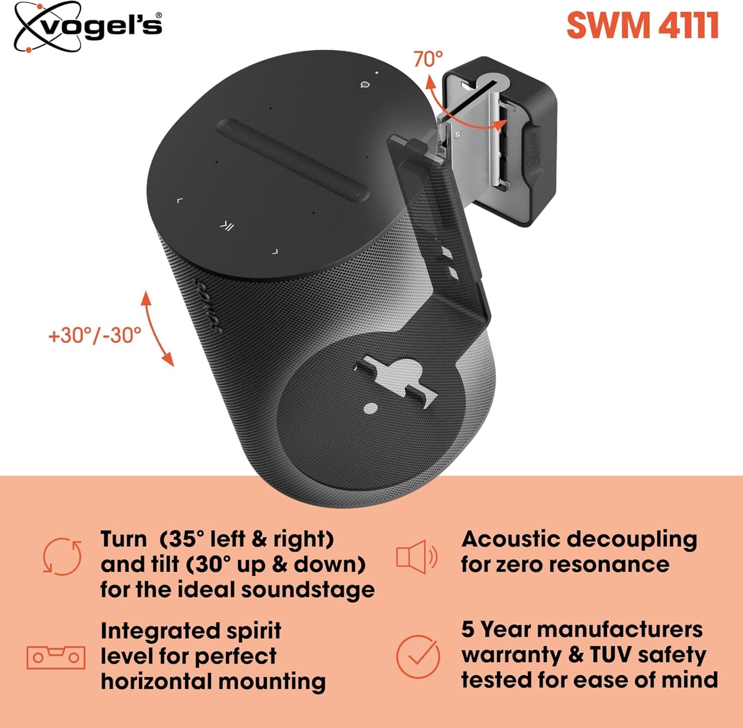 Vogel's SWM 4111 Speaker Wall Bracket for Sonos ERA 100, Max. 11 lbs (5 kg), Tiltable -30º/+30º, Swivels up to 70º (Left/Right), Black, 1 Bracket