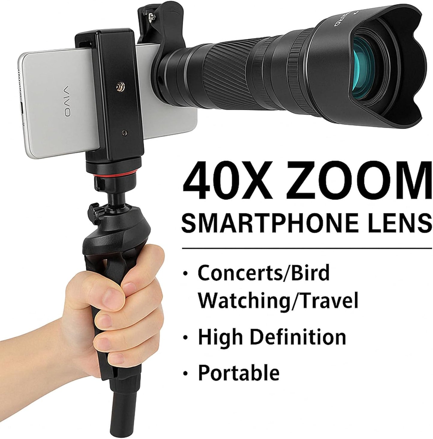 40X Telephoto Lens with Tripod for iPhone Android Phones, 2-in-1 Mobile Phone Camera Lens Kit with Universal Clip, HD Magnifier for Smartphone Photography - Compatible with All Smartphones