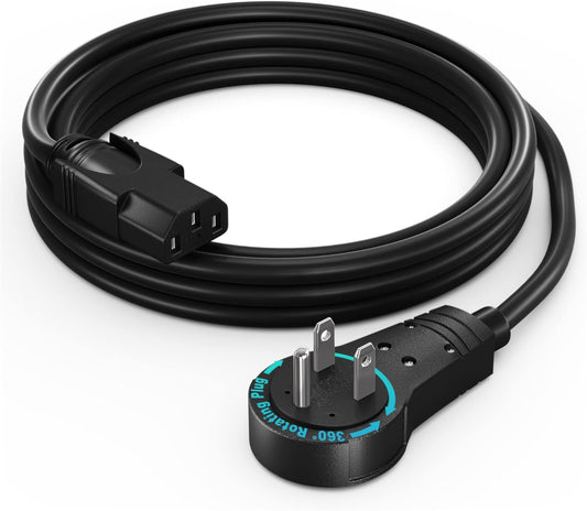 Maximm Monitor Computer Power Cord 6 Ft Flat Plug 360° Rotating PC Cable 3 Prong for, Desktop, Printer, Scanner, 16 AWG NEMA 5-15P to IEC13 - UL Certified
