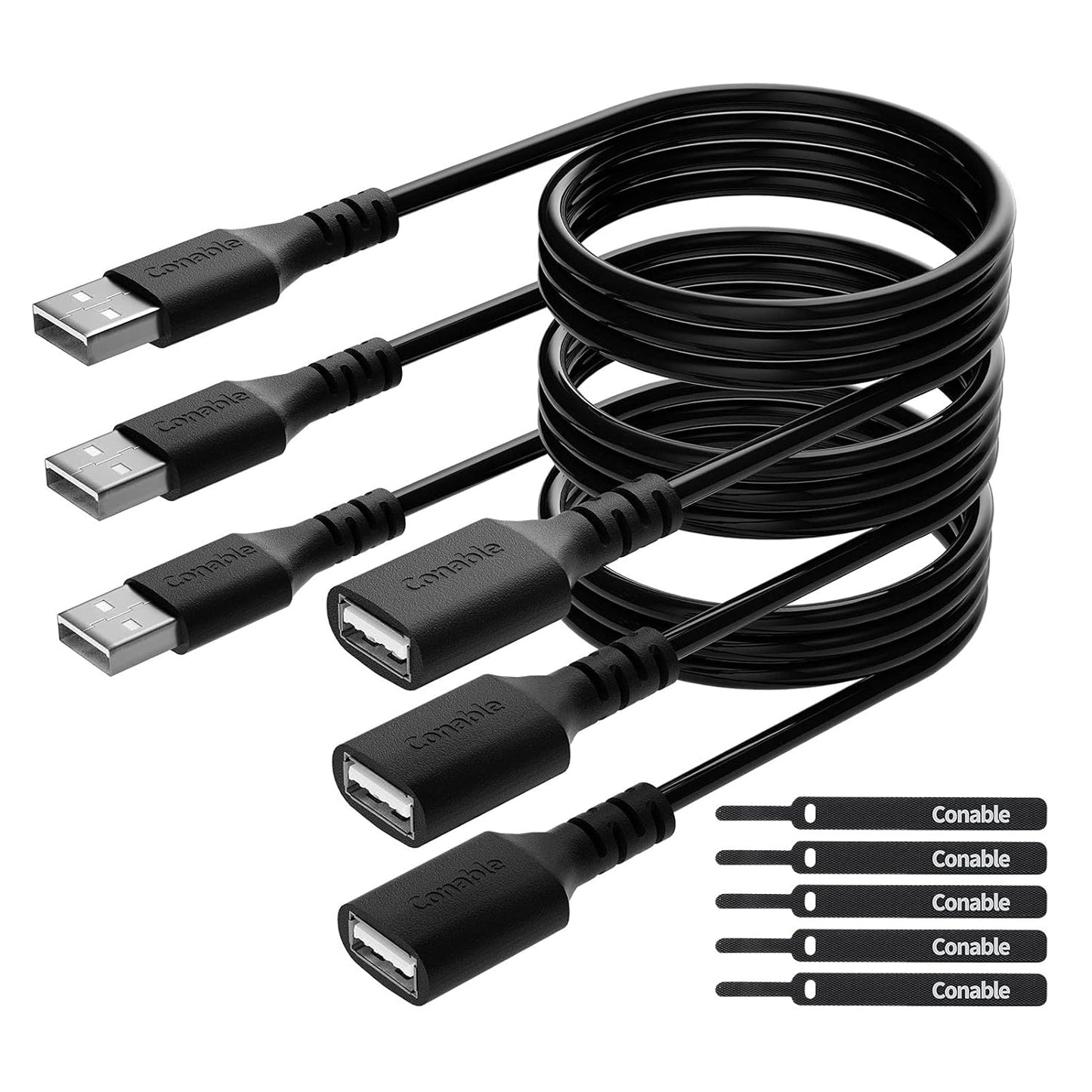 3 Pack USB Extension Cable 8 FT, USB 2.0 Type A Male to Female Extender Cord Adapter, Compatible with Printer, Keyboard, Mouse, Flash Drive, Hard Drive, Controller, Black Cable with 5 Cable Ties