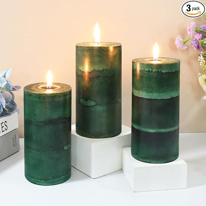 Dark Green Pillar Candles 3x6 Inch Fir Scented Candles Hand-Poured Long Lasting by FLAVCHARM