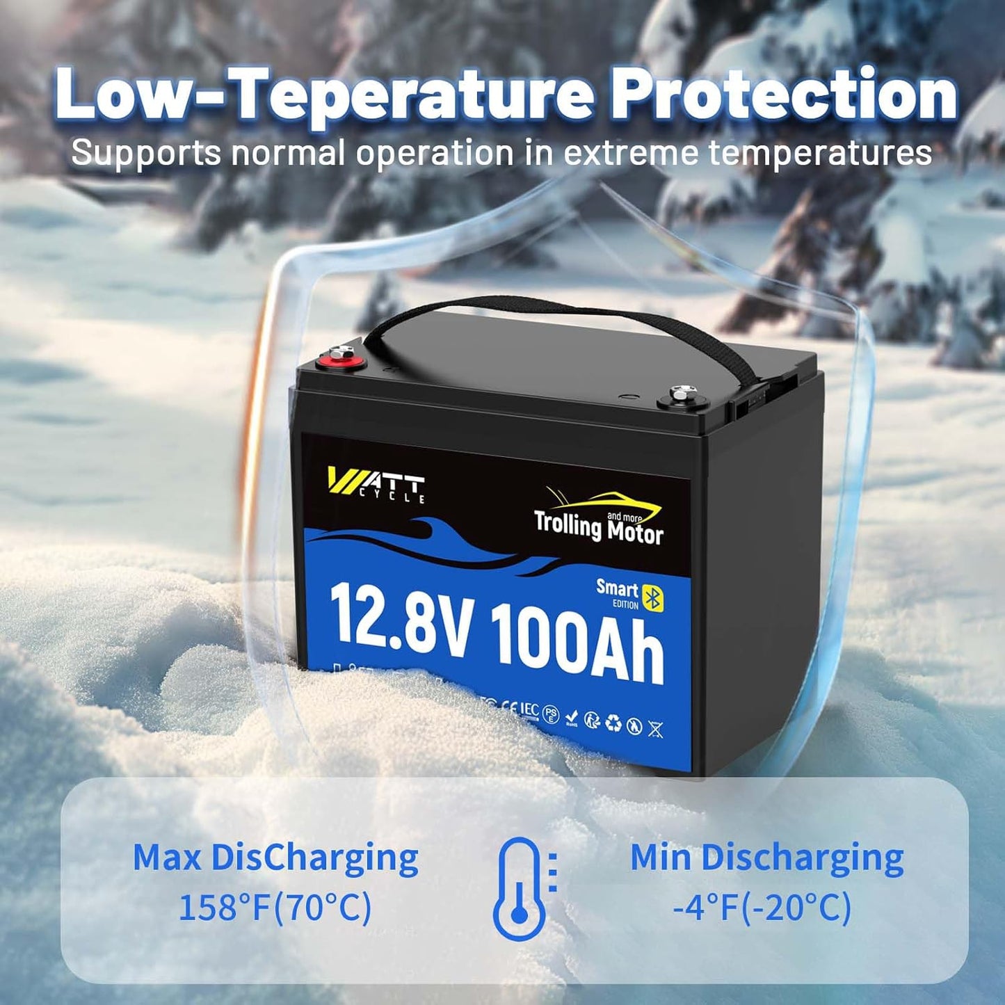 12V 100Ah TMBT LiFePO4 Lithium Battery with Smart Bluetooth, Group 24,Uilt-in 120A BMS, Automatically Cuts and Recovery, IP67, Deep Cycle Perfect for Trolling Motors Marine Boat RVs