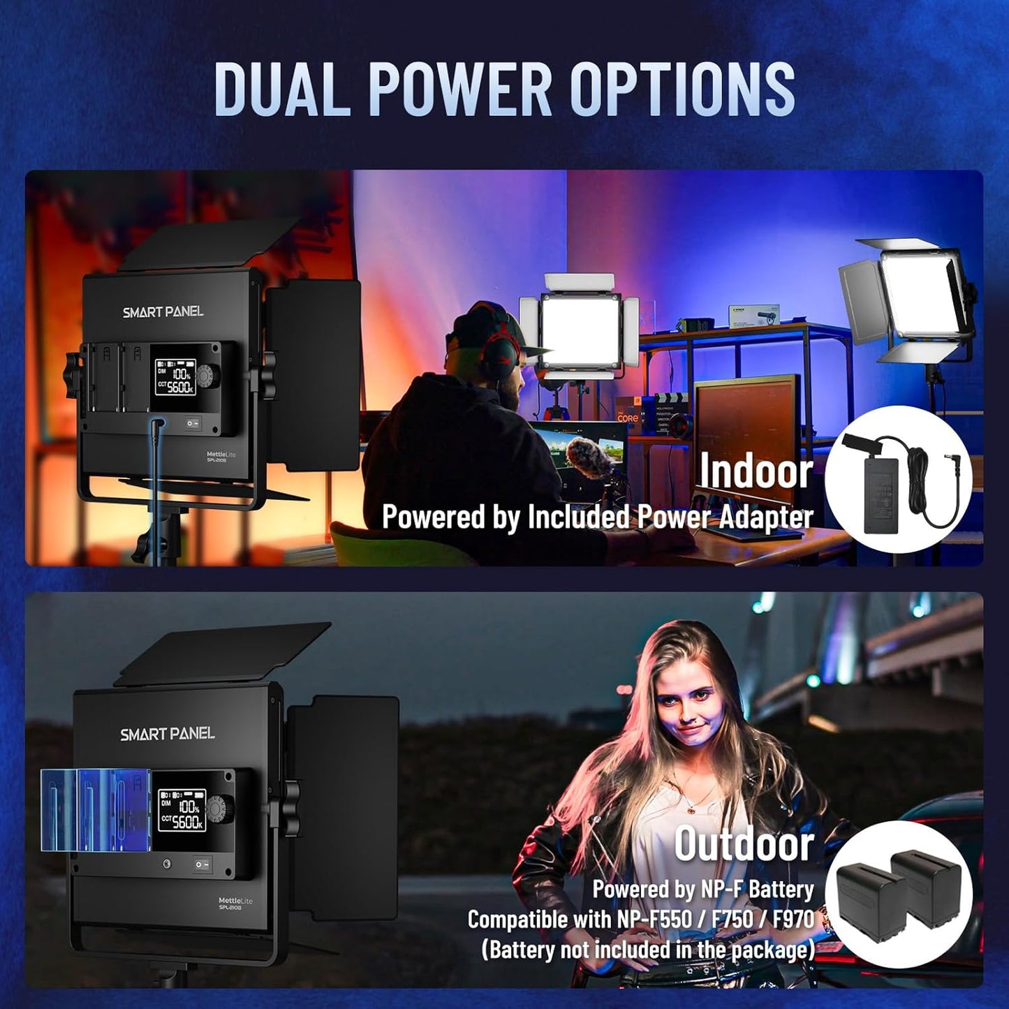 Mettlelite 2 Pack SPL210B Bi Color LED Video Light Kit with APP Control, 3200K-5600K, CRI TLCI 96+, Dimmable Photography Studio lighting with Barndoor,Diffuser, Light Stand and Carrying Case for Video