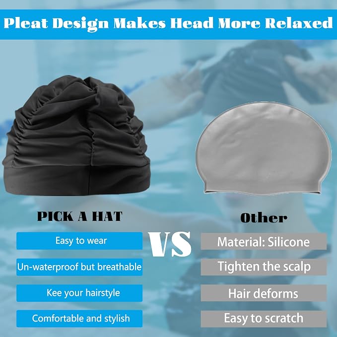 Swim Caps for Women Swimming, Comfort Pleated Swimming Cap for Long Hair - Image 3