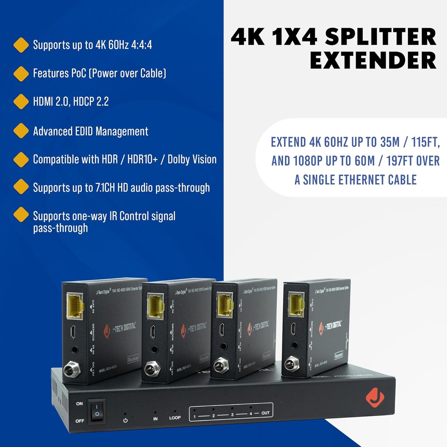 J-Tech Digital HDMI 2.0 4K 1x4 Splitter Extender Over Single Cable CAT6 with PoC Up to 196 FT 1-in 4-Out w/Local Loop Output & Low Latency [JTECH-14EX50]