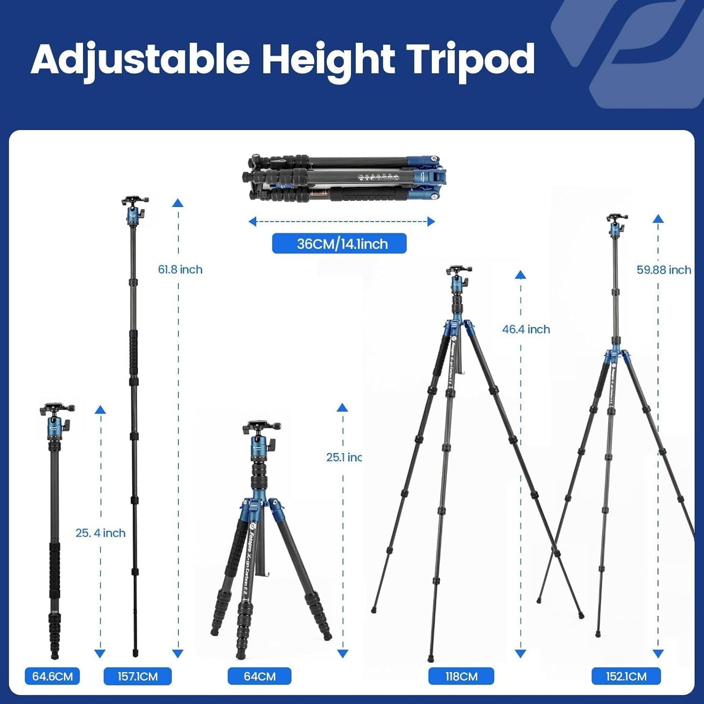 Fotopro 59" Carbon Fiber Travel Tripod, Compact Camera Tripod with Ball Head, Detachable Monopod with Quick Release Plate and Bag, Load up to 8KG/17.63lbs, Blue