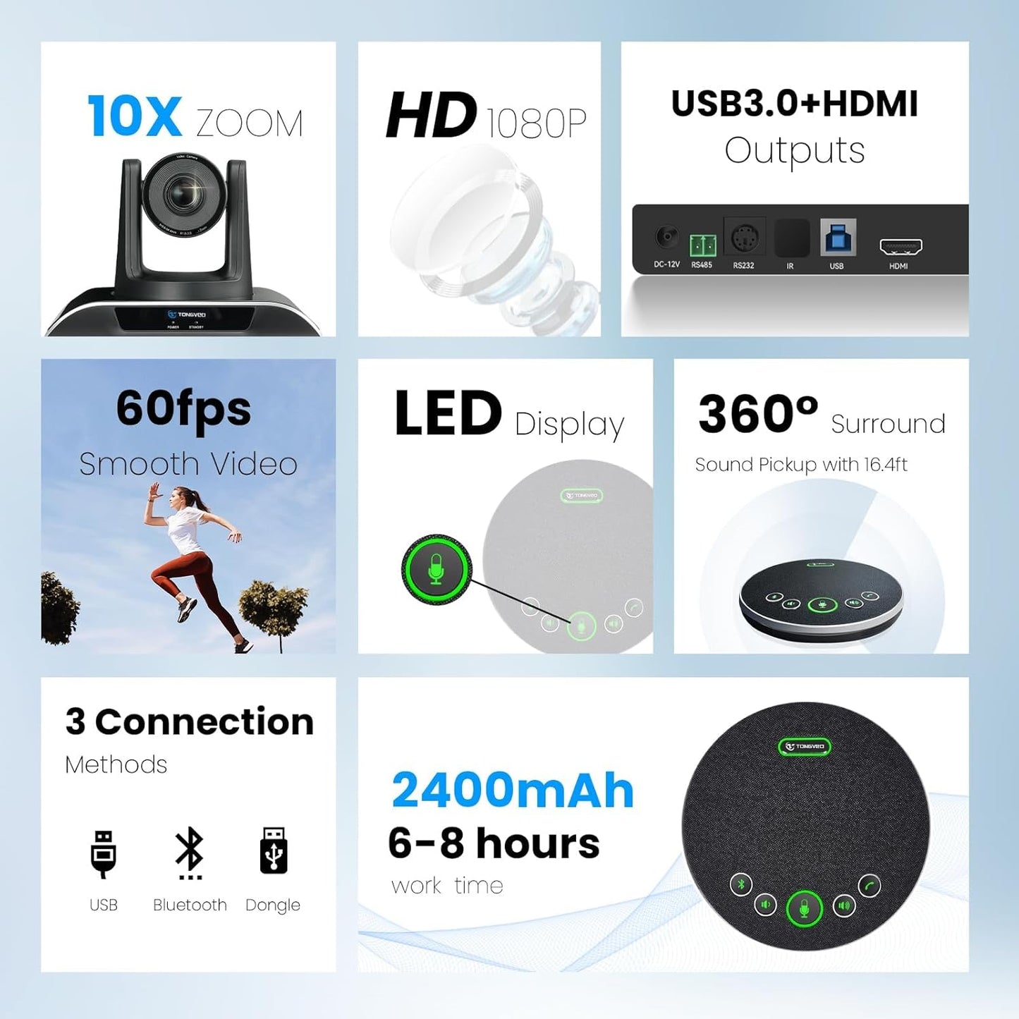 TONGVEO 10x Zoom Conference Room Video Camera System, All-in-One HD 1080P 60fps 10X Optical Zoom USB3.0 HDMI PTZ Camera and Bluetooth Conference Speaker with Microphones Bundle for Medium Room