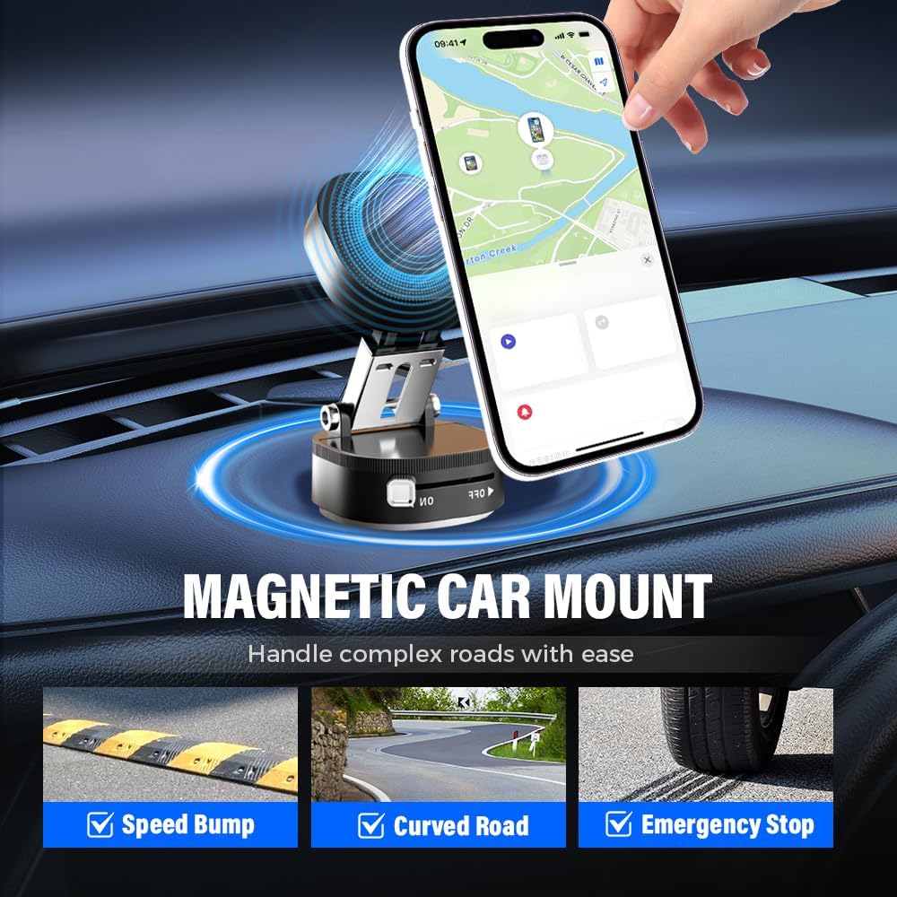 360° Adjustable Vacuum Magnetic Phone Holder, Foldable Magnetic Car Phone Holder for Your Car, Hands-Free Suction Cup Phone Mount for Car/Gym/Mirror/Smooth Surface for iPhone & Android (White)