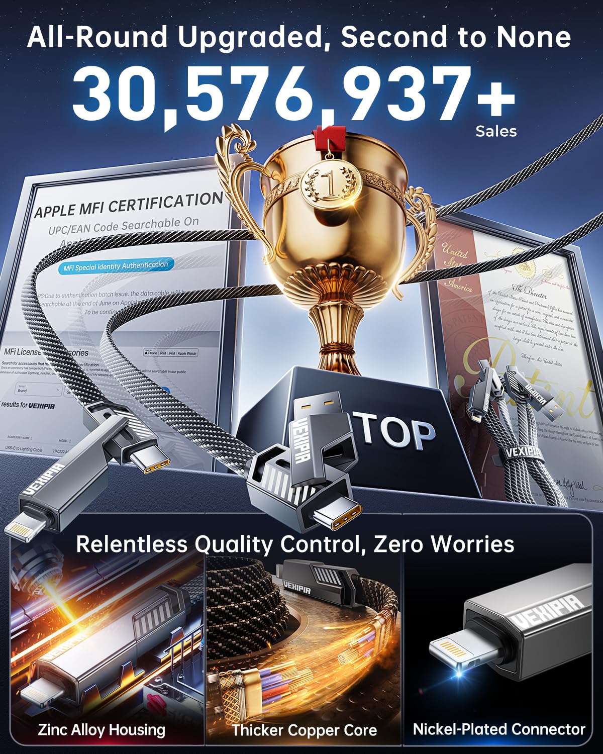 [Upgraded] 4-in-1 USB C Cable 60W 3FT Lightning Cable Fast Charging Flat Nylon Braided for iPhone iPad Charger Cord [480Mbps Data Sync] Multi Charge Combo with Lightning/Type C/USB A Port