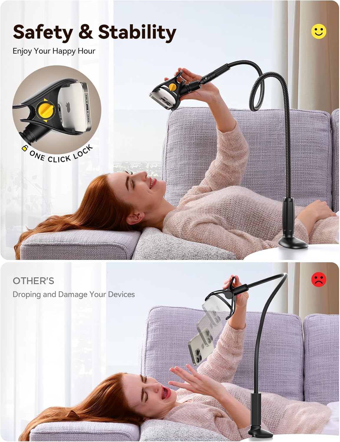 JOYROOM Gooseneck Phone Holder for Bed, [Upgrade Safety Lock] Flexible Long Arm Phone Stand, 720° Adjustable Desk Clamp Clip Phone Mount for iPhone 16 & All 4-7" Devices