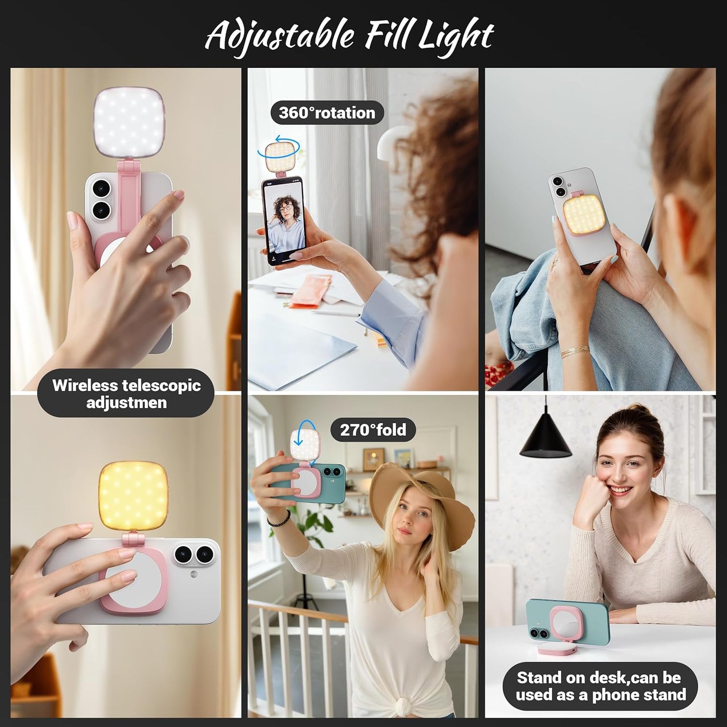 Magnetic Selfie Light for Phone: 5 Led Mode with Mirror Compatible for iPhone & Android - Rechargeable Portable Fill Light for Photography/Video Recording/Conference/Vlog/Makeup (Pink)
