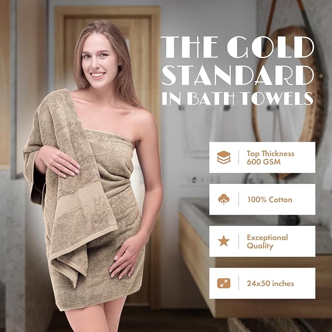 White Classic Wealuxe Taupe Bath Towels 24x50 Inch, Cotton Towel Set - Image 2
